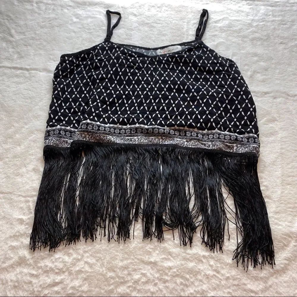 H&M Coachella Black and White Cropped Tank with Fringed Bottom Size 14